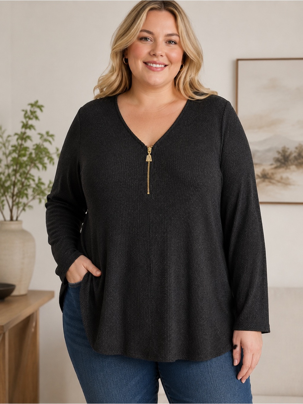 PENN. Penningtons 4X NWT Charcoal Rib Knit Swing Top Gold Zip